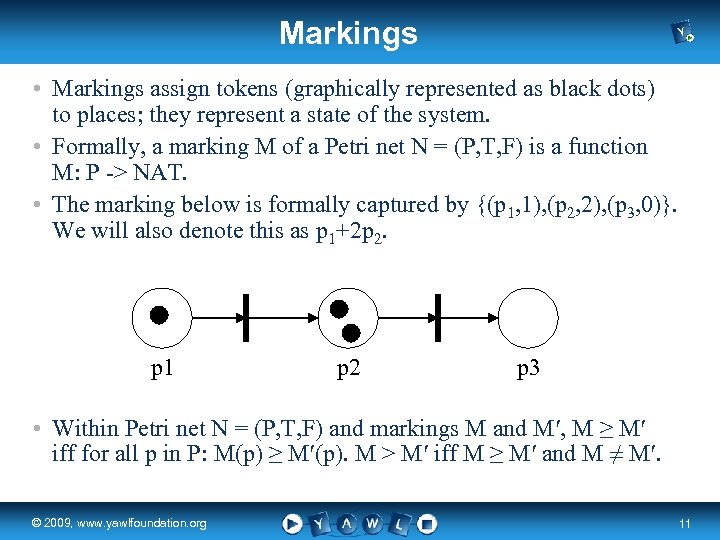 Markings • Markings assign tokens (graphically represented as black dots) to places; they represent