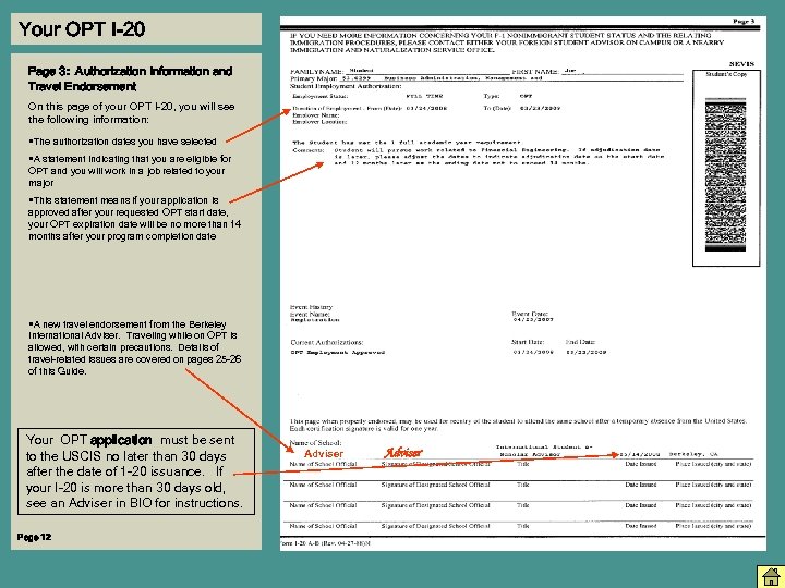 Your OPT I-20 Page 3: Authorization Information and Travel Endorsement On this page of