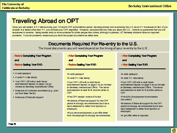 The University of California at Berkeley International Office Traveling Abroad on OPT Since you