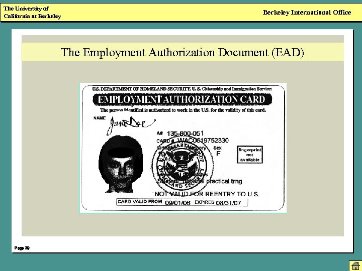 The University of California at Berkeley International Office The Employment Authorization Document (EAD) Page