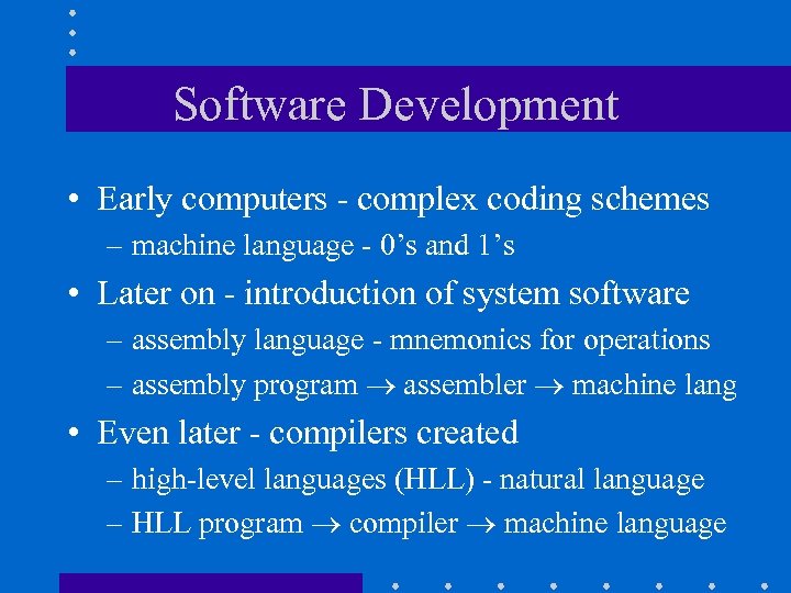 Software Development • Early computers - complex coding schemes – machine language - 0’s