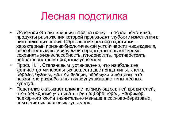 Лесная подстилка • Основной объект влияния леса на почву – лесная подстилка, продукты разложения