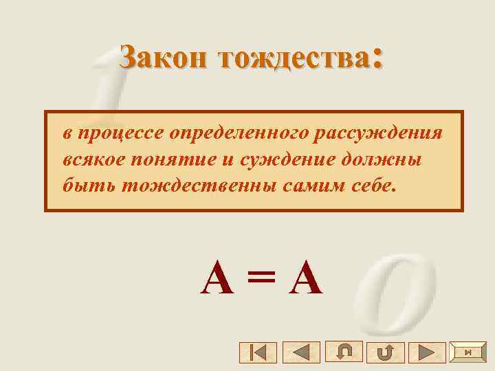 Закон тождества: в процессе определенного рассуждения всякое понятие и суждение должны быть тождественны самим