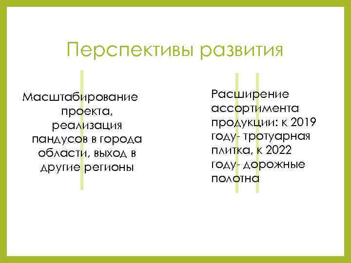 Перспективы развития Масштабирование проекта, реализация пандусов в города области, выход в другие регионы Расширение