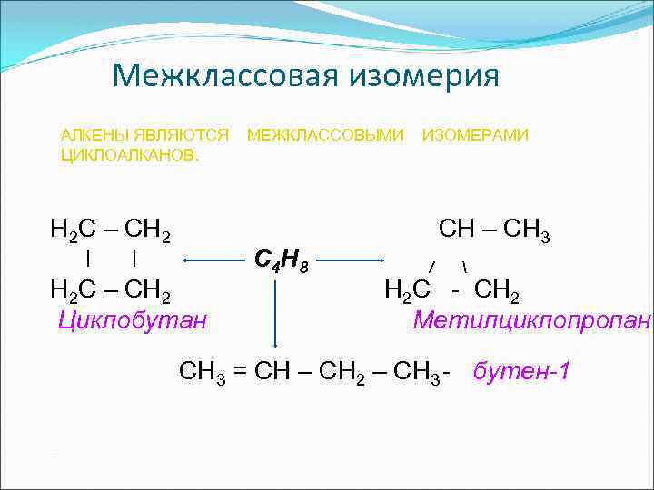 Алкенами являются вещества. Циклобутан + н2. Алкены изомерны циклоалканам межклассовая изомерия. Изомеры с4н8. Межклассовый изомер бутена 2.