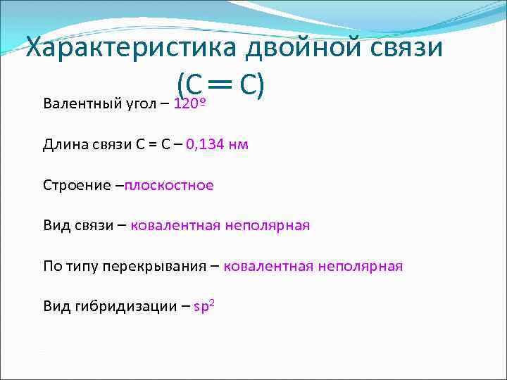 Характеристика двойной связи (С ═ С) Валентный угол – 120º Длина связи С =