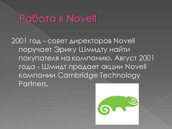 Работа в Novell 2001 год - совет директоров Novell поручает Эрику Шмидту найти покупателя