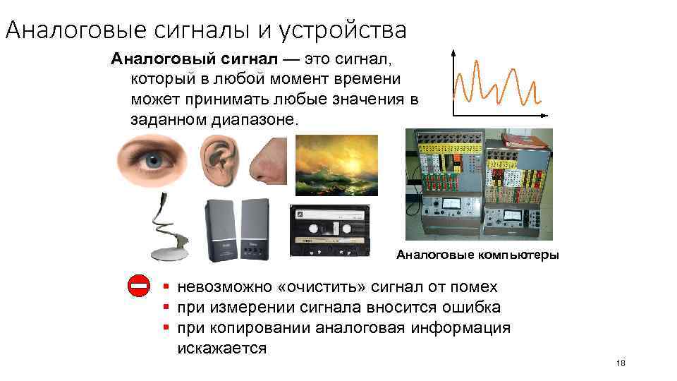Аналоговые сигналы и устройства Аналоговый сигнал — это сигнал, который в любой момент времени