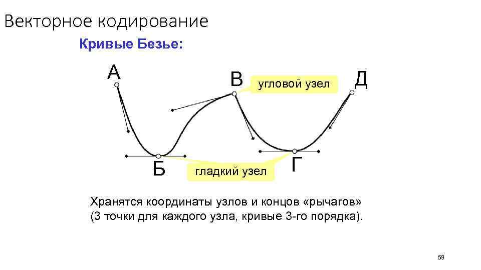 Векторное кодирование Кривые Безье: А В Б угловой узел гладкий узел Д Г Хранятся