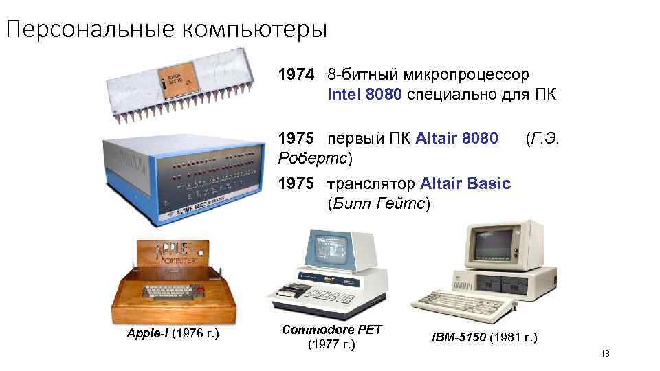 Персональные компьютеры 1974 8 -битный микропроцессор Intel 8080 специально для ПК 1975 первый ПК