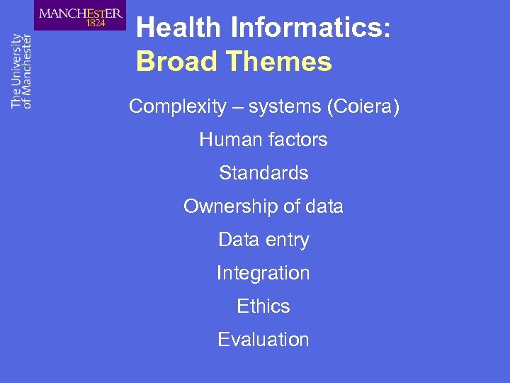 Health Informatics: Broad Themes Complexity – systems (Coiera) Human factors Standards Ownership of data