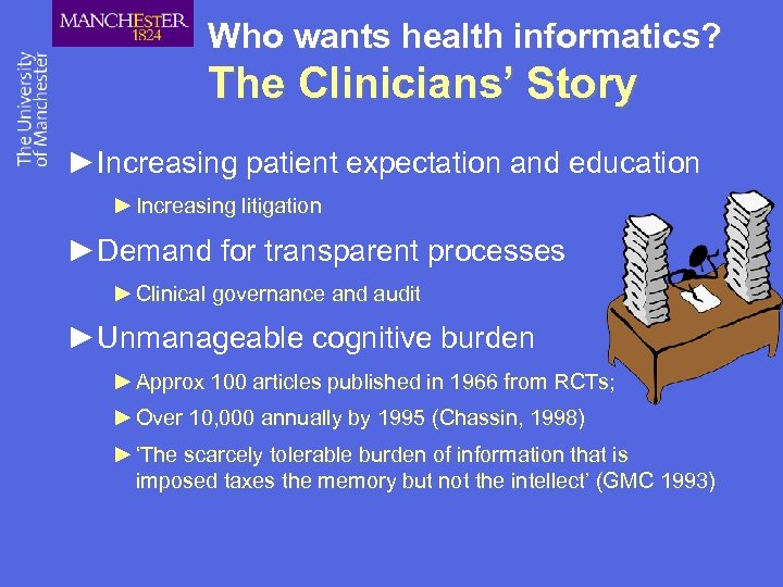 Who wants health informatics? The Clinicians’ Story ►Increasing patient expectation and education ► Increasing