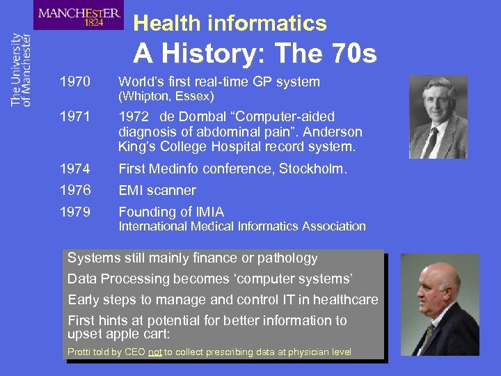Health informatics A History: The 70 s 1970 World’s first real-time GP system 1971