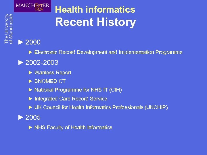 Health informatics Recent History ► 2000 ► Electronic Record Development and Implementation Programme ►