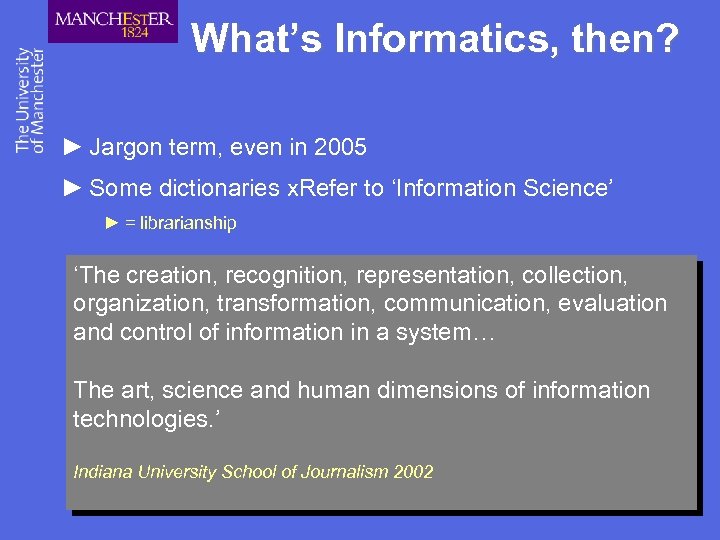 What’s Informatics, then? ► Jargon term, even in 2005 ► Some dictionaries x. Refer