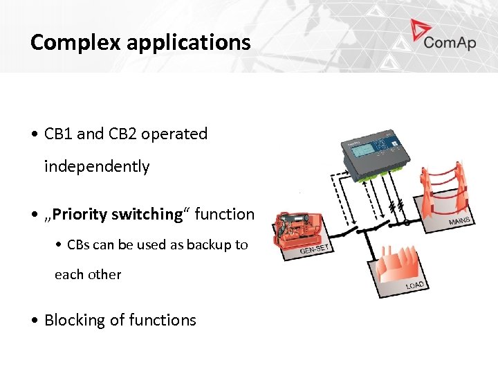 Complex applications • CB 1 and CB 2 operated independently • „Priority switching“ function