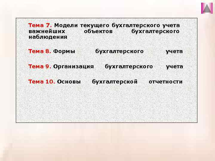 ё Тема 7. Модели текущего бухгалтерского учета важнейших объектов бухгалтерского наблюдения Тема 8. Формы