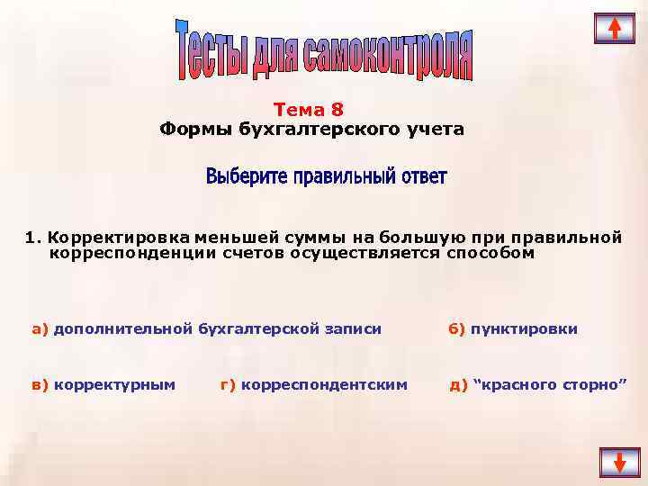 Тема 8 Формы бухгалтерского учета 1. Корректировка меньшей суммы на большую при правильной корреспонденции