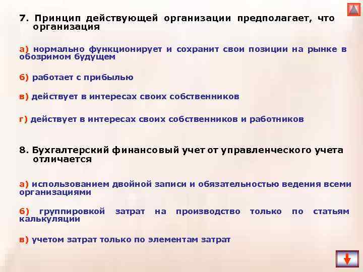 7. Принцип действующей организации предполагает, что организация а) нормально функционирует и сохранит свои позиции