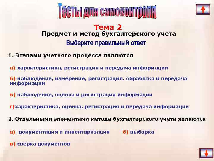 Тема 2 Предмет и метод бухгалтерского учета 1. Этапами учетного процесса являются а) характеристика,
