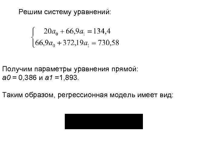 Решим систему уравнений: Получим параметры уравнения прямой: а 0 = 0, 386 и а