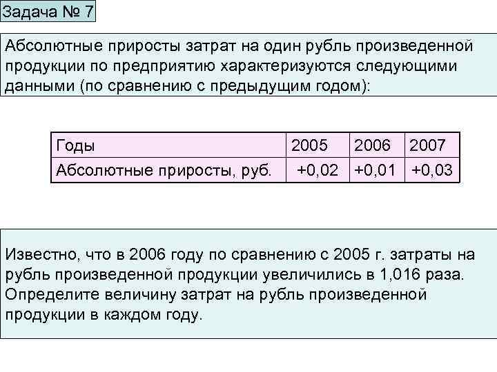 Задача № 7 Абсолютные приросты затрат на один рубль произведенной продукции по предприятию характеризуются