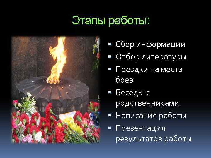 Этапы работы: Сбор информации Отбор литературы Поездки на места боев Беседы с родственниками Написание