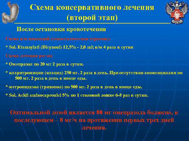 Схема консервативного лечения (второй этап) После остановки кровотечения Схема в/м инъекций (гемостатическая терапия): *