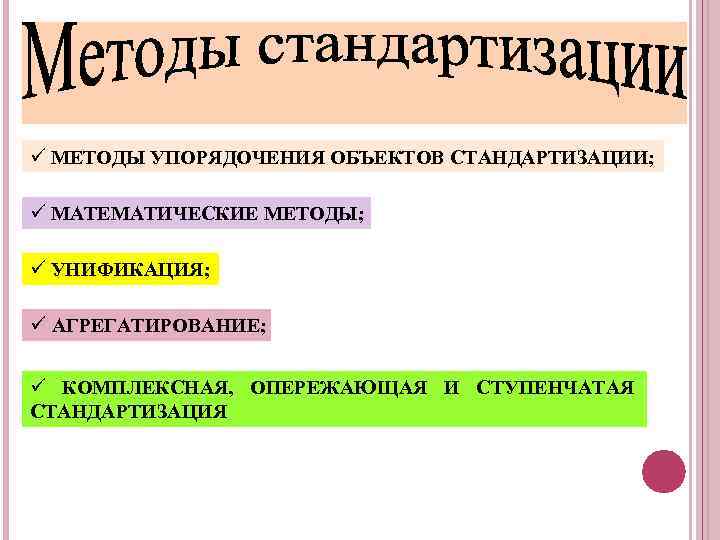 ü МЕТОДЫ УПОРЯДОЧЕНИЯ ОБЪЕКТОВ СТАНДАРТИЗАЦИИ; ü МАТЕМАТИЧЕСКИЕ МЕТОДЫ; ü УНИФИКАЦИЯ; ü АГРЕГАТИРОВАНИЕ; ü КОМПЛЕКСНАЯ,