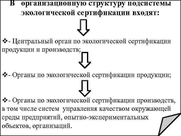 В организационную структуру подсистемы экологической сертификации входят: v- Центральный орган по экологической сертификации продукции