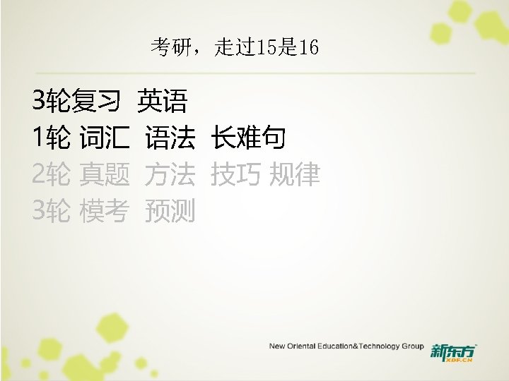 考研，走过15是 16 3轮复习 英语 1轮 词汇 语法 长难句 2轮 真题 方法 技巧 规律 3轮