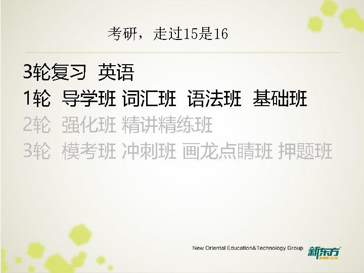 考研，走过15是 16 3轮复习 英语 1轮 导学班 词汇班 语法班 基础班 2轮 强化班 精讲精练班 3轮 模考班