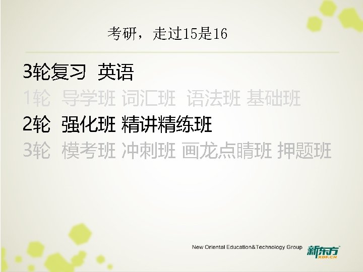 考研，走过15是 16 3轮复习 英语 1轮 导学班 词汇班 语法班 基础班 2轮 强化班 精讲精练班 3轮 模考班