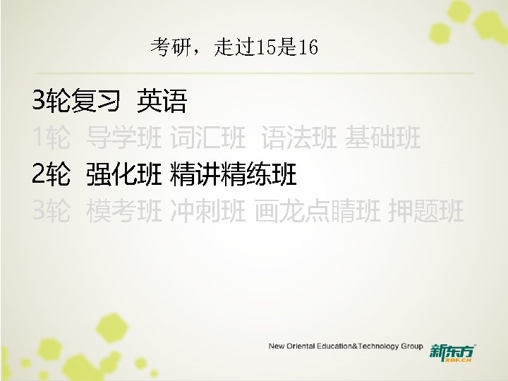考研，走过15是 16 3轮复习 英语 1轮 导学班 词汇班 语法班 基础班 2轮 强化班 精讲精练班 3轮 模考班