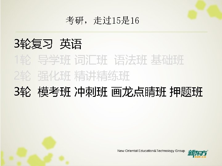 考研，走过15是 16 3轮复习 英语 1轮 导学班 词汇班 语法班 基础班 2轮 强化班 精讲精练班 3轮 模考班