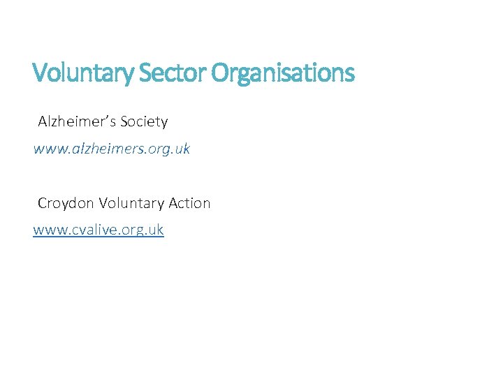 Voluntary Sector Organisations Alzheimer’s Society www. alzheimers. org. uk Croydon Voluntary Action www. cvalive.