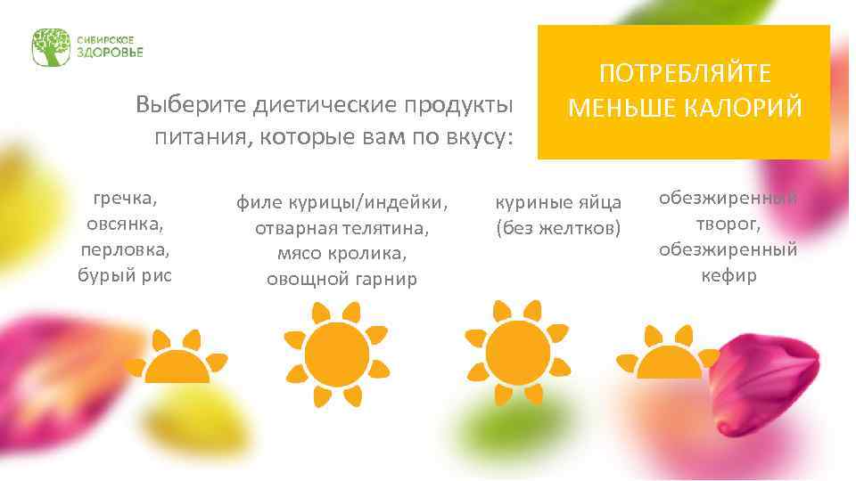 Выберите диетические продукты питания, которые вам по вкусу: гречка, овсянка, перловка, бурый рис филе