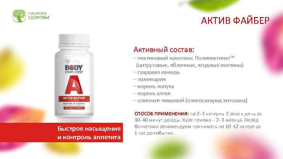 АКТИВ ФАЙБЕР Активный состав: – пектиновый комплекс Полипектинат™ (цитрусовые, яблочные, ягодные пектины) – гуаровая