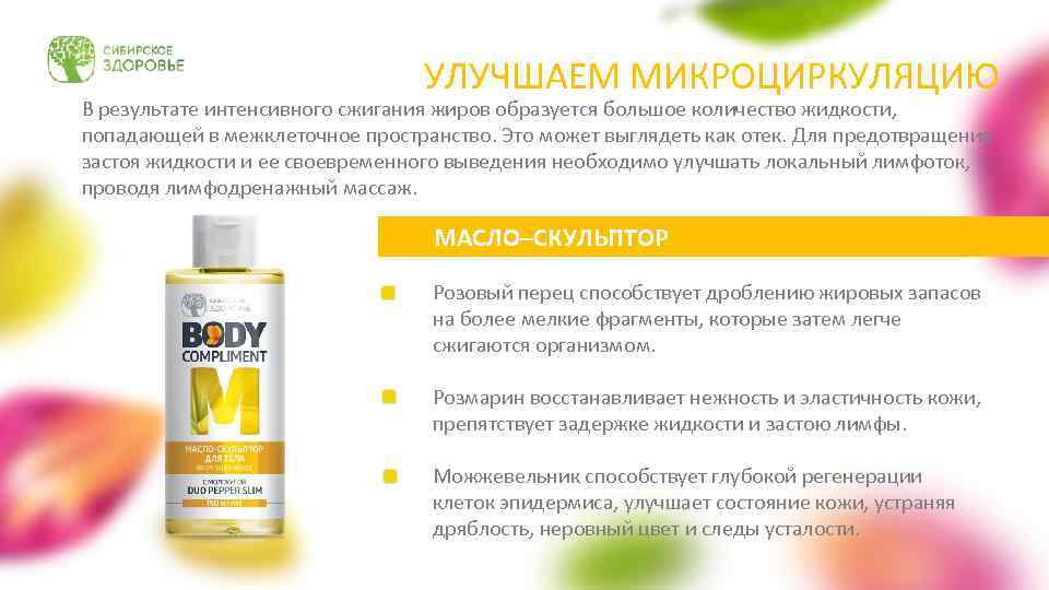 УЛУЧШАЕМ МИКРОЦИРКУЛЯЦИЮ В результате интенсивного сжигания жиров образуется большое количество жидкости, попадающей в межклеточное