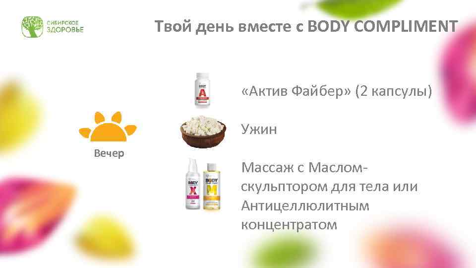 Твой день вместе с BODY COMPLIMENT «Актив Файбер» (2 капсулы) Ужин Вечер Массаж с