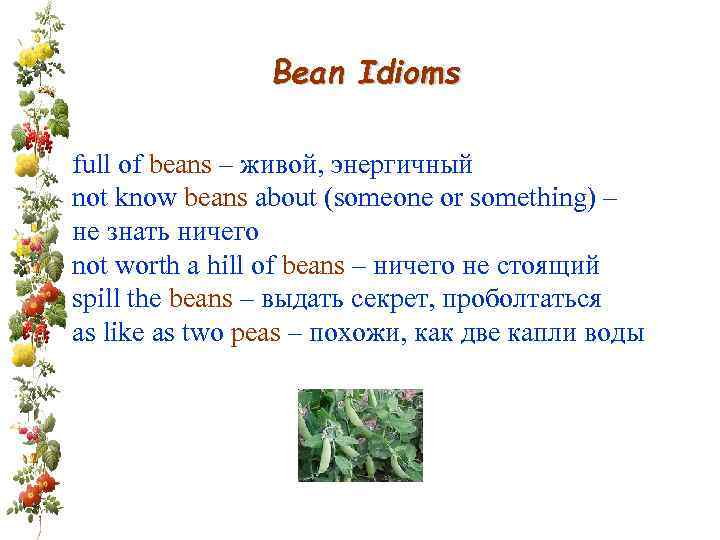 Bean Idioms full of beans – живой, энергичный not know beans about (someone or