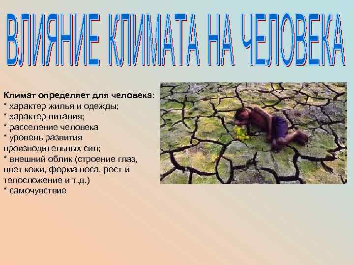 Климат определяет для человека: * характер жилья и одежды; * характер питания; * расселение
