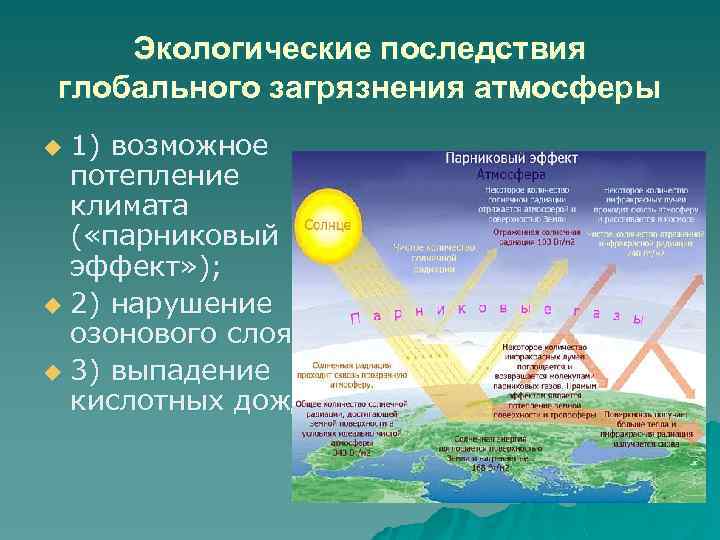 Экологические последствия глобального загрязнения атмосферы 1) возможное потепление климата ( «парниковый эффект» ); u