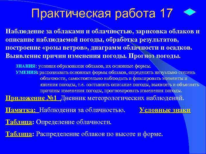 Практическая работа 17 Наблюдение за облаками и облачностью, зарисовка облаков и описание наблюдаемой погоды,