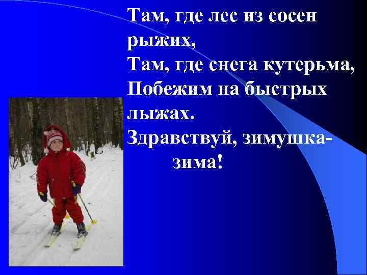 Там, где лес из сосен рыжих, Там, где снега кутерьма, Побежим на быстрых лыжах.