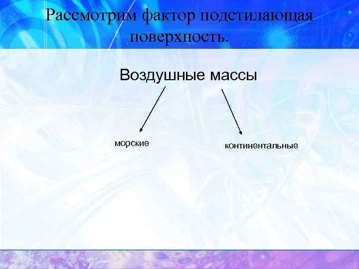 Рассмотрим фактор подстилающая поверхность. Воздушные массы морские континентальные 