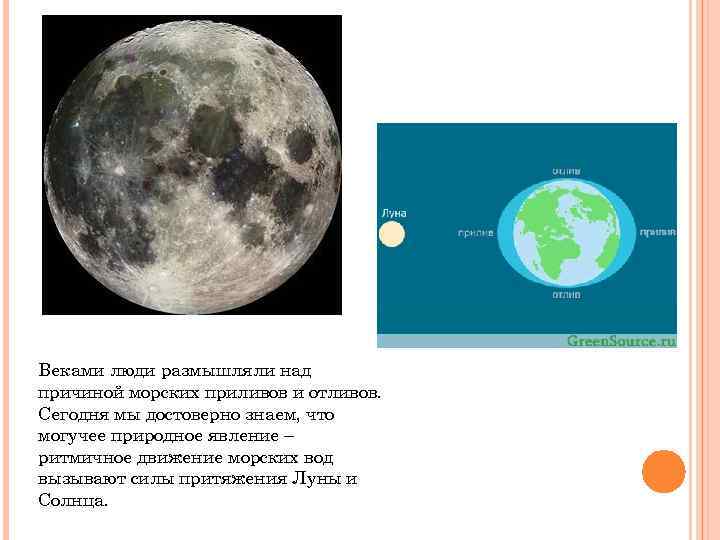 Веками люди размышляли над причиной морских приливов и отливов. Сегодня мы достоверно знаем, что