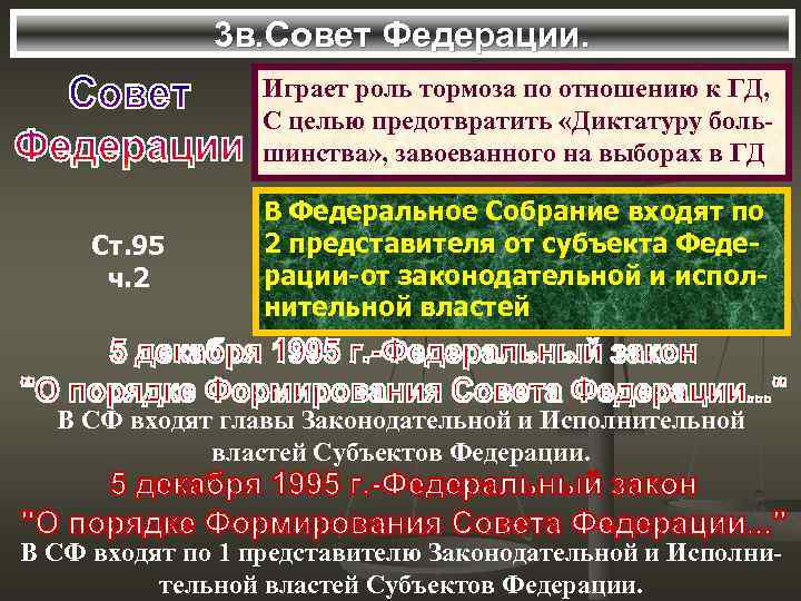 3 в. Совет Федерации. Играет роль тормоза по отношению к ГД, С целью предотвратить