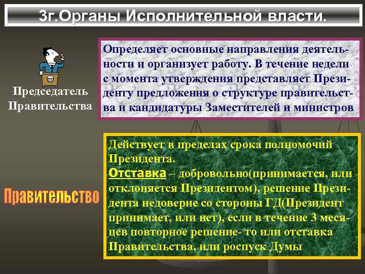 3 г. Органы Исполнительной власти. Определяет основные направления деятельности и организует работу. В течение