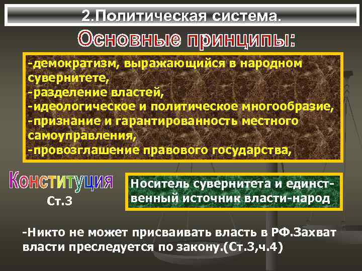 2. Политическая система. -демократизм, выражающийся в народном сувернитете, -разделение властей, -идеологическое и политическое многообразие,